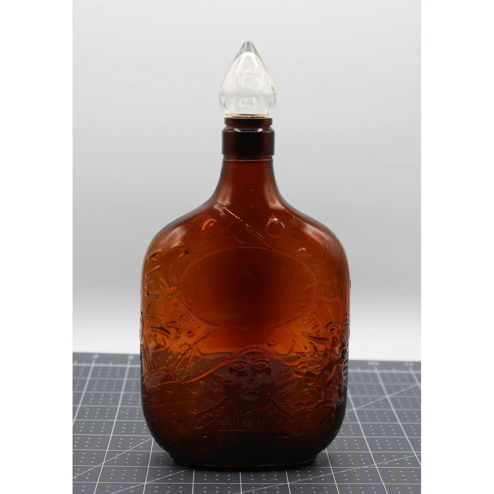 Vintage Amber Glass Pirate Ship One Pint Flask Bottle with Flame Stopper 11.5in